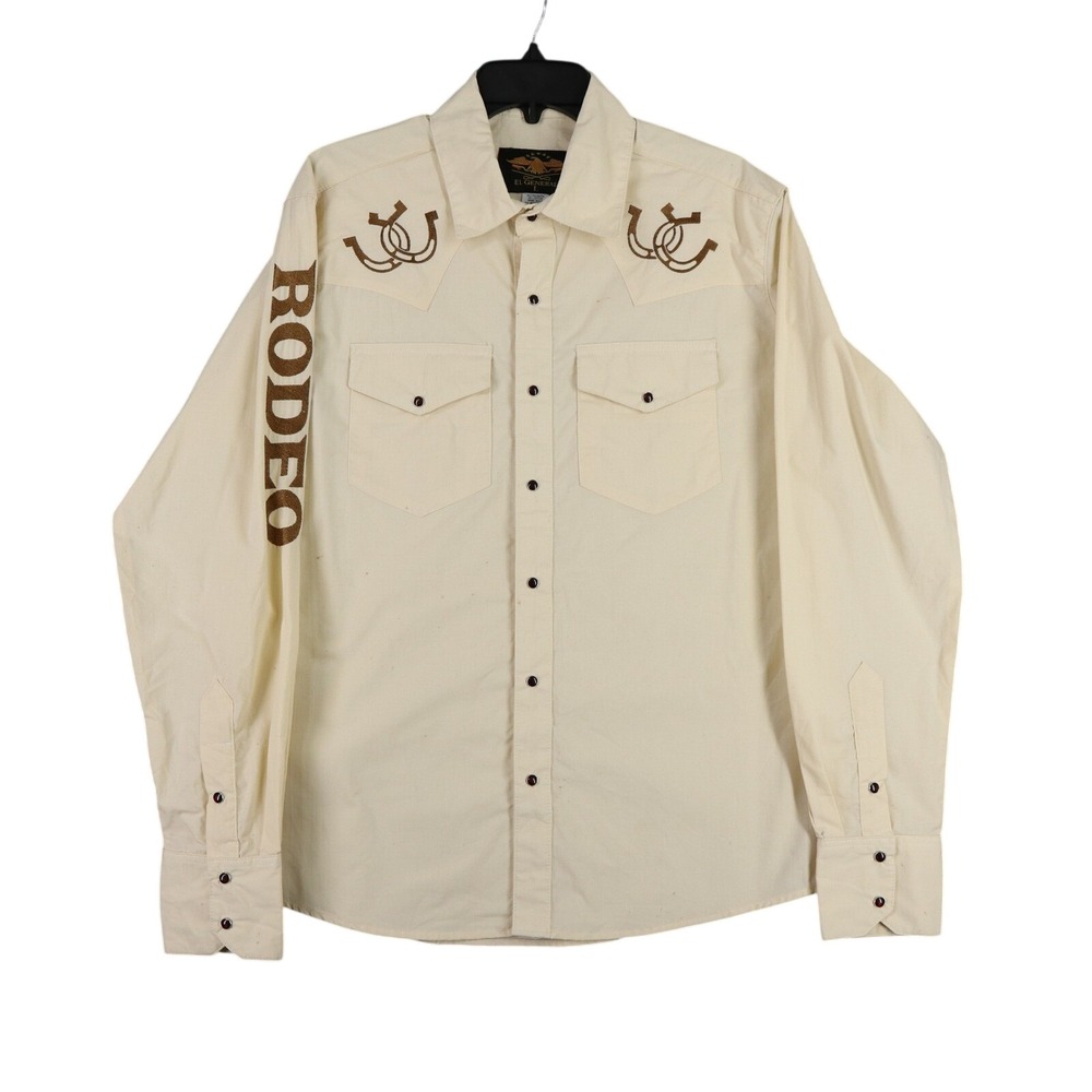 El General Rodeo Western Snap Shirt L Cream Horseshoe Embroidered Cowboy Ranch